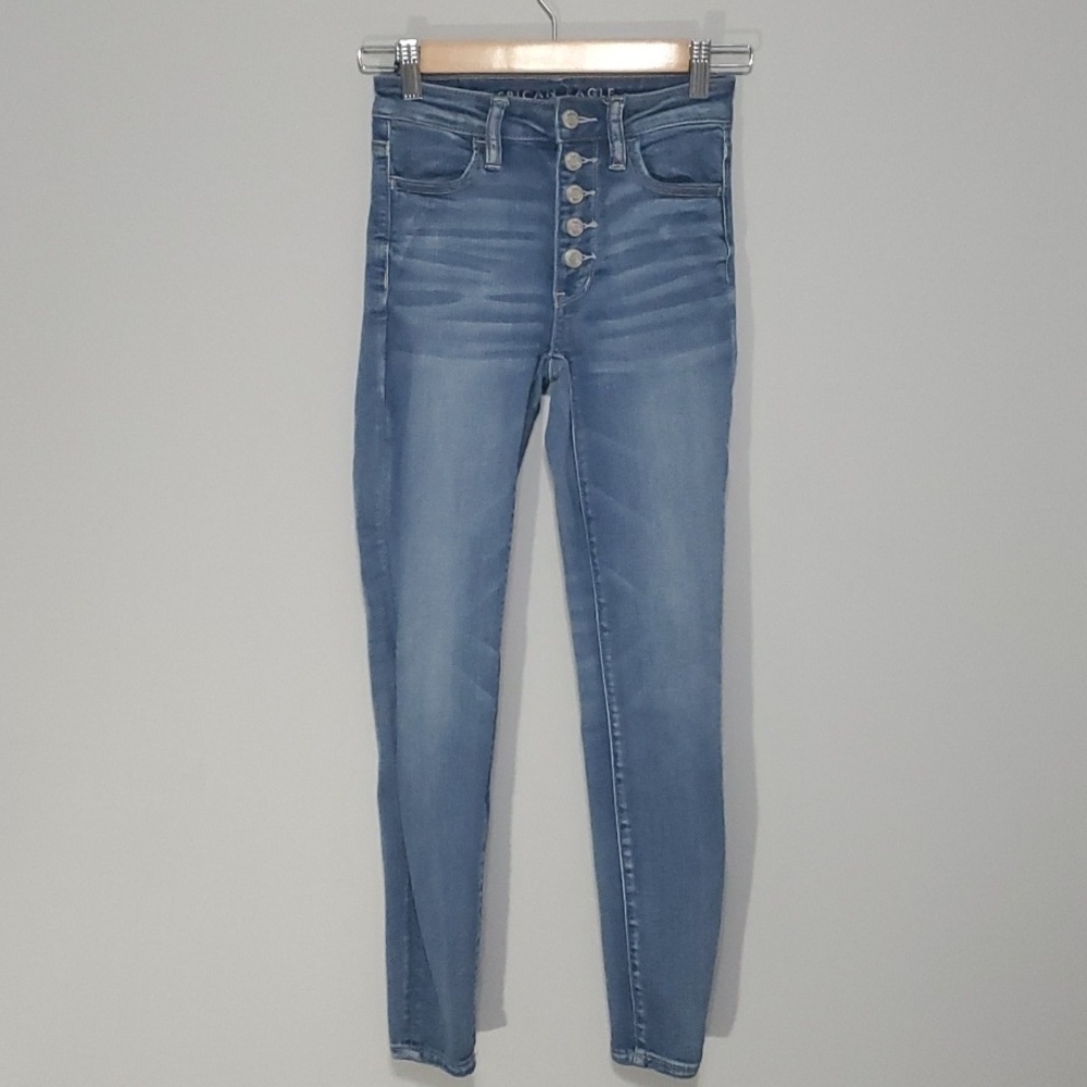 American Eagle jeans womens size 00S blue super hi-rise jegging button-f…